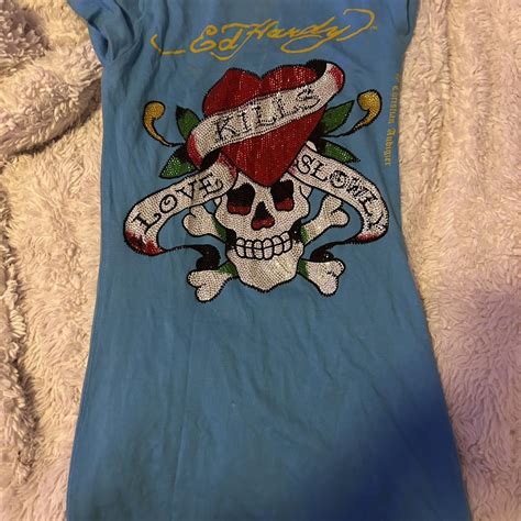 Long bedazzled blue Ed Hardy shirt for women I had... - Depop