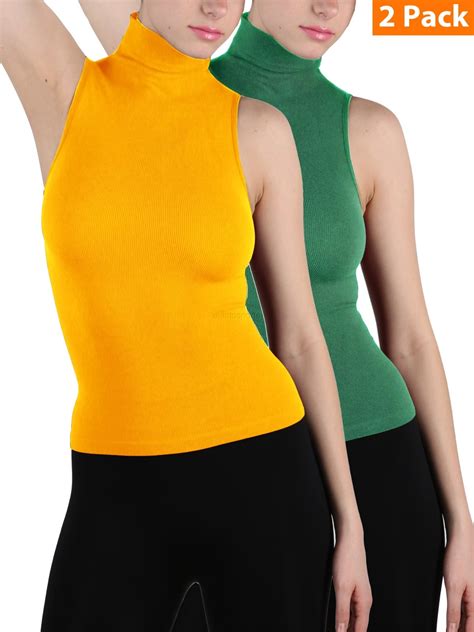 2-Pack Women Sleeveless Ribbed Mock Neck Turtleneck Shirt Slim Fitted ...