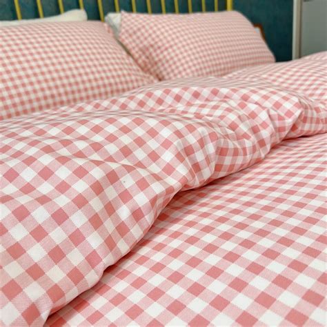 Pink Plaid Duvet Cover Set, Rustic Gingham Duvet Cover With Pillowcases ...