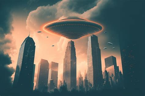 Неопознанный летающий объект, выходящий из черных облаков над городом с ...