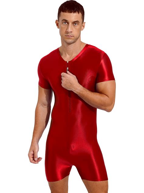 CHICTRY Mens One Piece Swimsuit Short Sleeve Zipper Jumpsuit Glossy ...