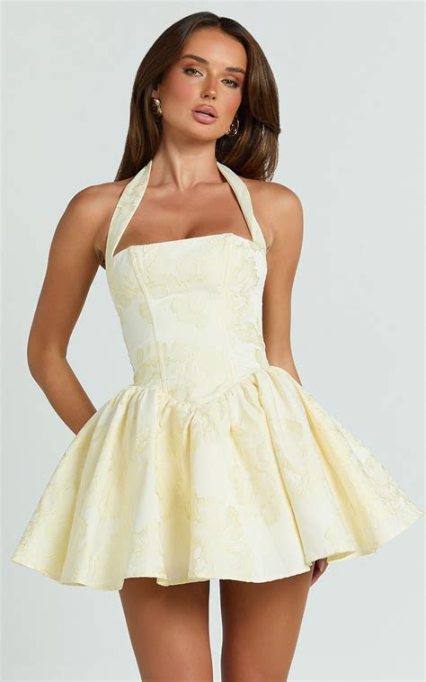 Maddy Mini Dress - Square Neck Halter Fit And Flare Dress in Lemon ...