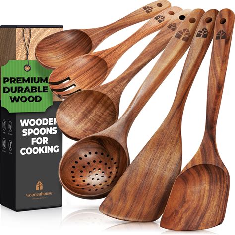 Wooden Spoons for Cooking – Wooden Kitchen Utensils Set, 6 Pcs Teak ...