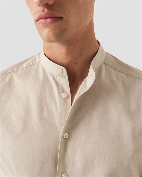 Beige Solid Twill Band Collar Shirt - Eton