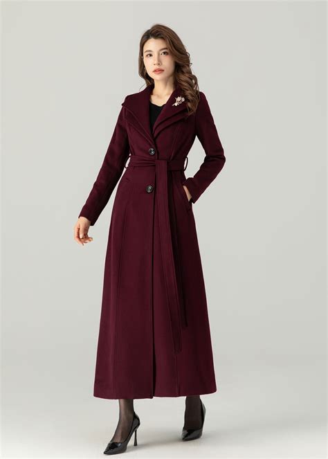 Burgundy Long Wool Coat Women, Winter Wool Coat Women, Wool Trech Coat ...