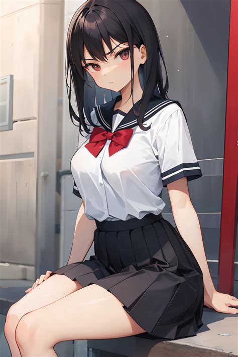 mean girl with black hair sitt - SeaArt AI