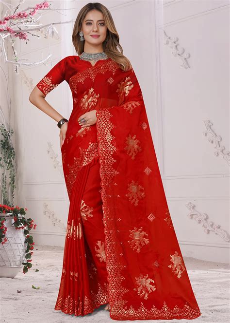 Bridal Red Embroidered Organza Saree - Urban Womania