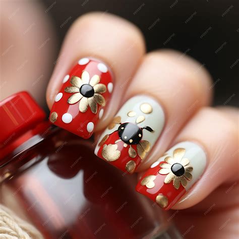 Premium AI Image | Ladybug and Daisies Nails With Red and White Color ...