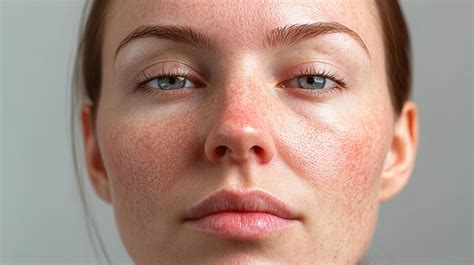Close-up of a young woman's face with rosacea, showcasing skin redness, flushing, and visible ...
