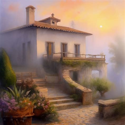 "Watercolor, dawn,ancient Spanish house,plant,fine drawing,beautiful ...