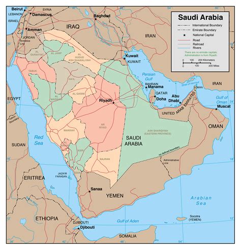 Large detailed political and administrative map of Saudi Arabia with roads, railroads and major ...