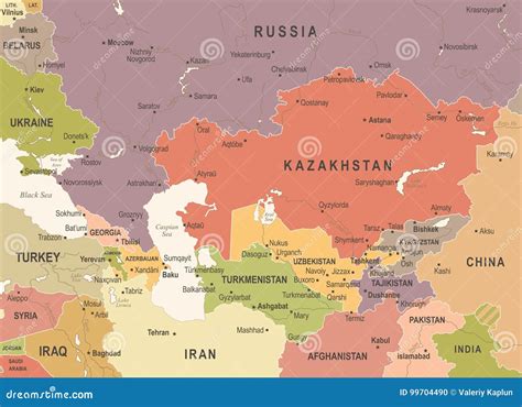Central Asia Map - Brown Orange Hue Colored On Dark Background. High Detailed Political Map Of ...