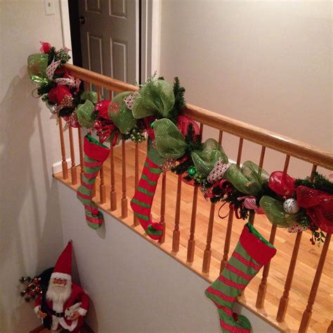 DIY Garland Bannister, (inexpensive green garland, with mesh ribbon x 2 ...