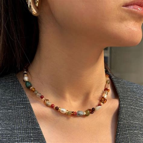 Colorful Mixed Bead Gemstone Necklace With Pearl, Indian Agate Stone ...