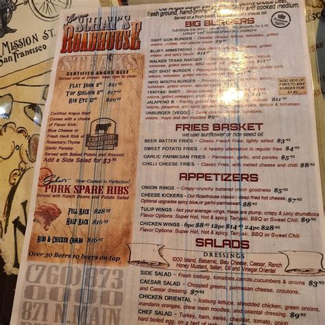Menu at Aaron Schat's Roadhouse restaurant, Bishop