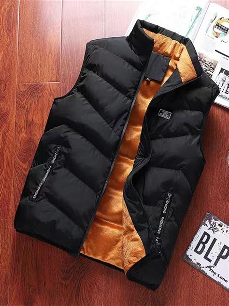 Men Letter Patched Zip Pocket Thermal Vest Puffer Coat | Mens tracksuit ...