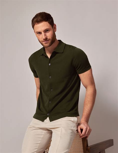Men's Dark Green Button Through Knitted Cotton Polo Shirt - Short Sleeve