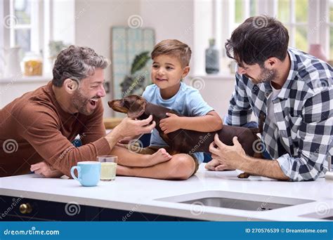 Same Sex Male Family with Son and Pet Dachshund Sitting on Counter in ...