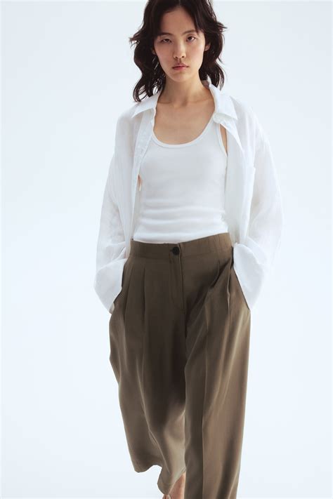 Wide-Leg Ankle-Length Pants - Dark khaki green - Ladies | H&M US