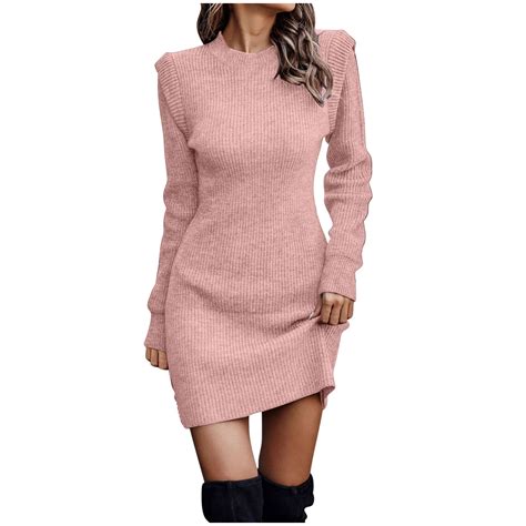 Women Knit Dress Puff Long Sleeve Sweater Dress for Fall Winter Stretch ...