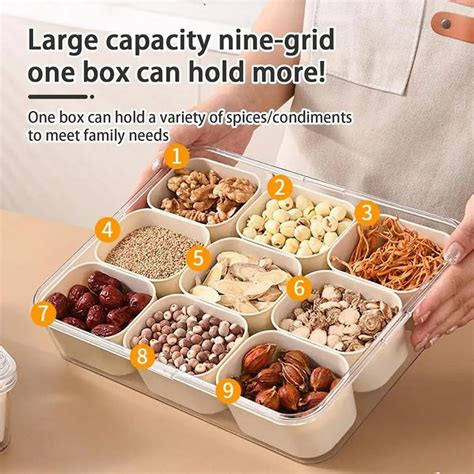 9 Compartments Divided Serving Tray with Lid Portable Snack Box Kitchen ...