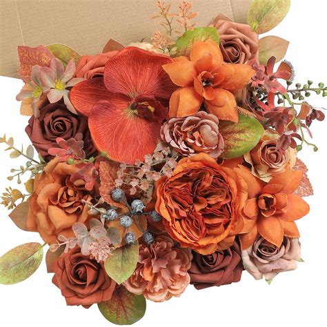Koroni Flowers Burnt Orange Artificial Flowers Combo Box Set Fake ...