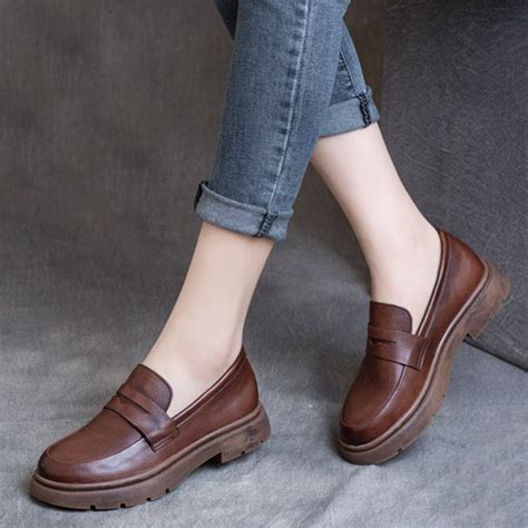 Spring Leather British Round Toe Loafers Shoes - 39 / Brown | Zapatos ...