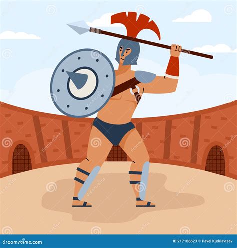 Vector Illustration IsolateGreek or Roman Gladiator on Coliseum Arena, Cartoon Flat Vector ...