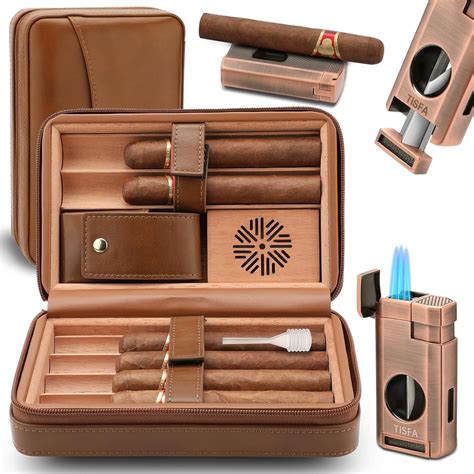 TISFA Cigar Humidor, Leather Cedar Wood Cigar Case with Cigar Lighter ...