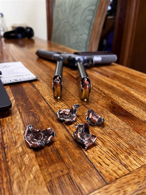 Few recovered bullets from my first 1911 shots. Red tip hornady retained an average of 90% of ...