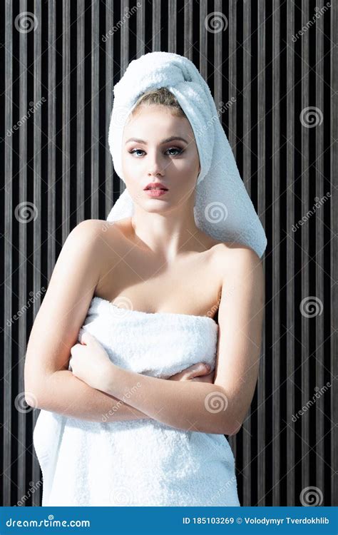 Young Woman in Towel on Head after Shower. Cute Girl with Naked ...