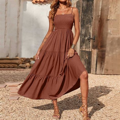 Lenago Sundress for Women Plus Size Bohemian Spaghetti Strap Smocked ...