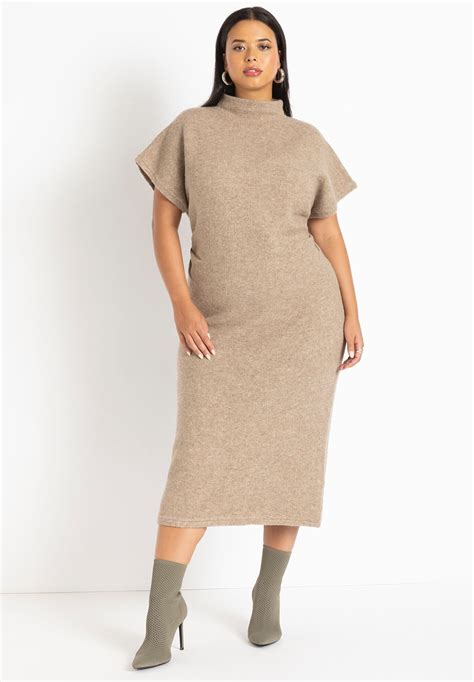 Stretch Knit Short Sleeve Sweater Dress, Almond Milk | Eloquii