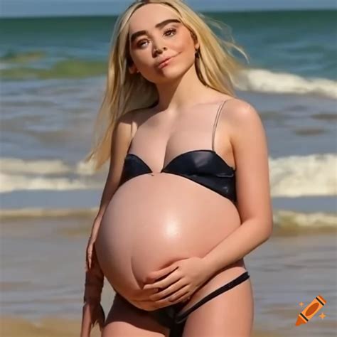 Sabrina Carpenter with an oversized giant pregnancy belly at the shore ...