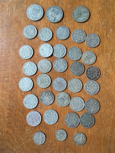 35 antique Silver coins: mostly UK Great Britain six pence SILVER coins ...