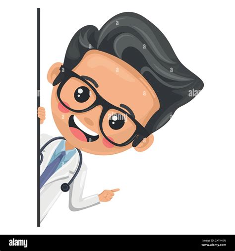 Doctor character cartoon peeking out from behind a wall pointing finger ...