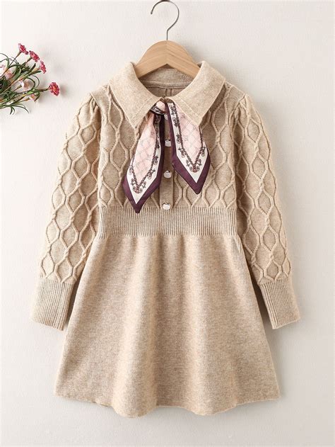 Girls Collared Cable Knit Sweater Dress With Tie | Cable knit sweater ...