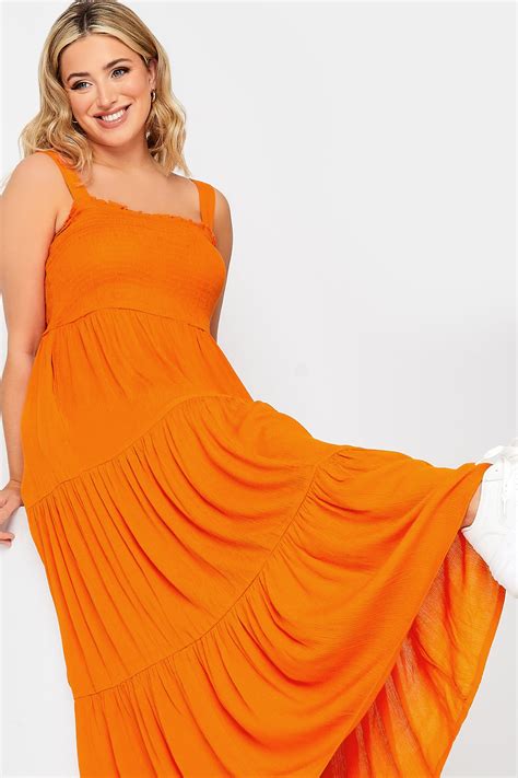YOURS Plus Size Orange Shirred Strappy Sundress | Yours Clothing