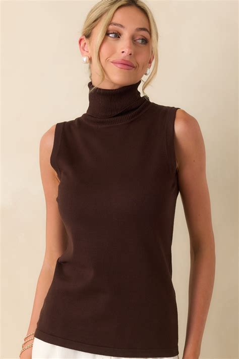 Chocolate Brown Sleeveless Turtleneck Sweater - All Tops | Red Dress