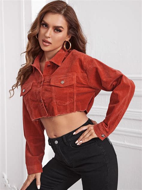 Flap Detail Crop Corduroy Jacket | Cropped jacket outfit, Red cropped ...