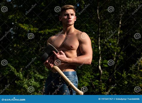 Lumberjack Muscled Young Man. Shirtless Athletic Naked Guy, Nature ...