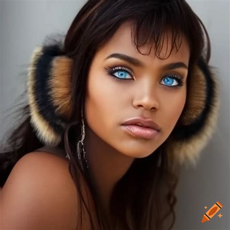 Exotic latina woman with blue eyes and fur ear muffs