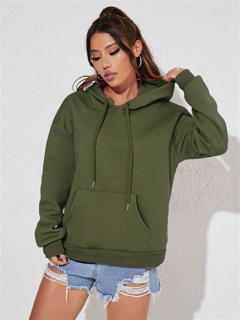Kangaroo Pocket Thermal Lined Drawstring Hoodie | Green hoodie women ...