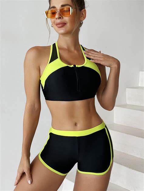 Bloco De Cores Zíper Frontal Biquíni | Swimsuit with shorts, Two piece ...