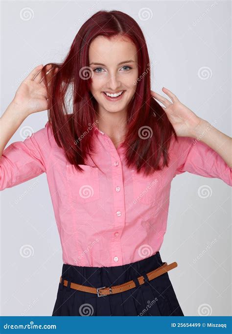 Young Attractive Redhead Female in Pink Shirt Stock Image - Image of ...