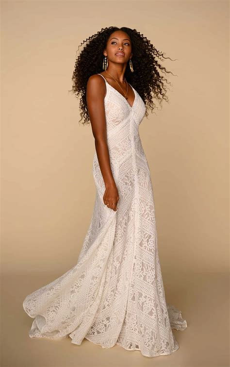 Modern Boho Wedding Dress with Linear Lace Details - All Who Wander