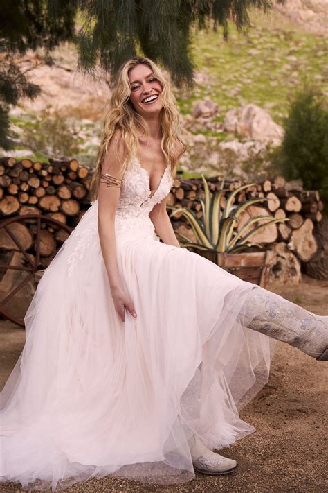 66301: A-Line Bridal Dress with Plunging Bikini Neckline and 3D Flowers | Lillian West