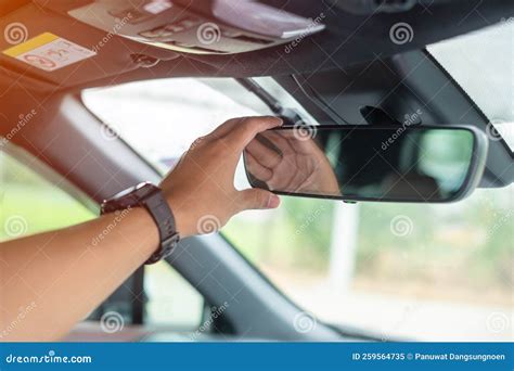 Man Driver Adjusting Rear View Mirror a Car. Journey, Trip and Safety Transportation Concepts ...