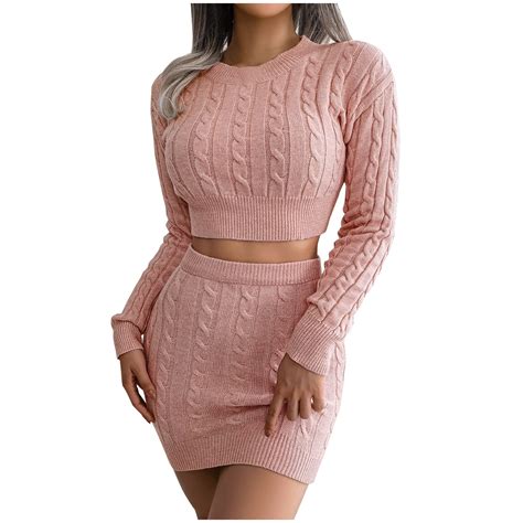 Women's 2 Piece Sweater Skirt Sets Long Sleeve Cable Knit Crop Top ...