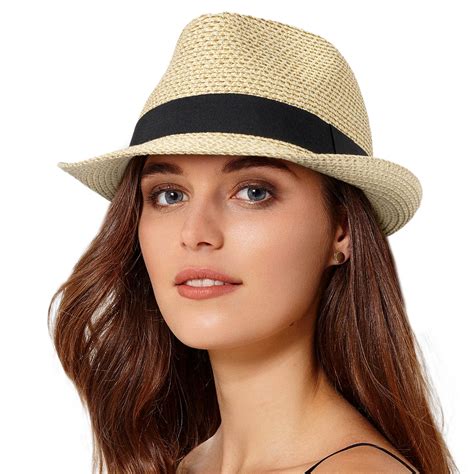 Womens Short Brim Straw Sun Hat Fedora Trilby Hat Panama Men Roll Up ...